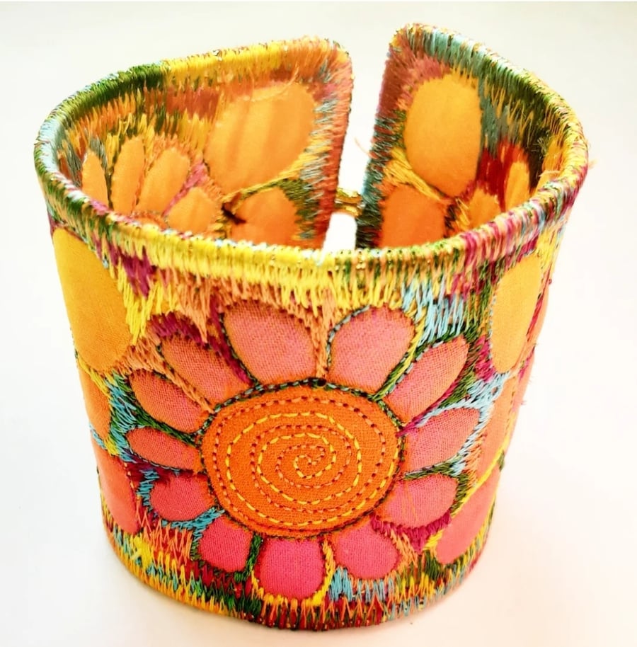 Reserved for K Textile - Cuff - Fabric Bracelet with Free Machine Embroidery 