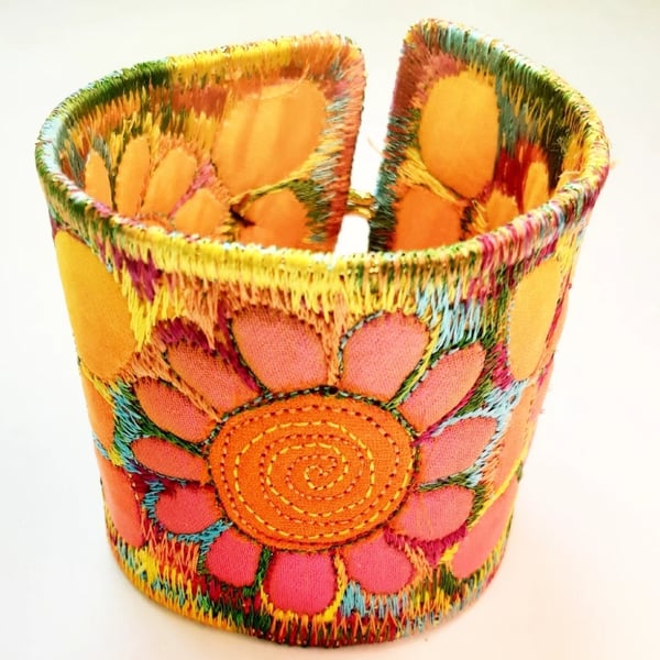 Reserved for K Textile - Cuff - Fabric Bracelet with Free Machine Embroidery 