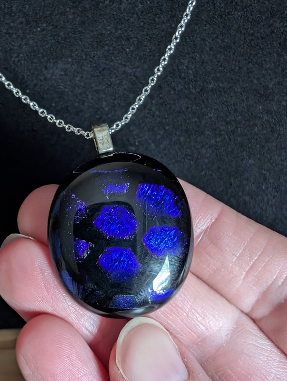 Black n' Blue Dark Daisy Chain Fused Glass Pendant Necklace Handmade in UK