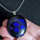 Black n' Blue Dark Daisy Chain Fused Glass Pendant Necklace Handmade in UK