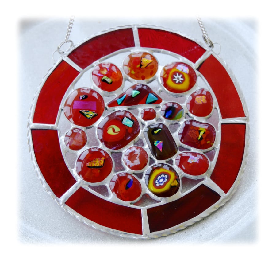 Melting Pot Suncatcher Stained Glass Abstract Handmade fused 003 Red 
