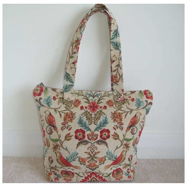 Tapestry Shoulder Bag Birds and Flowers Smart Shopping Tote