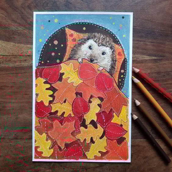 Hedgehog under a quilt of leaves original artwork 