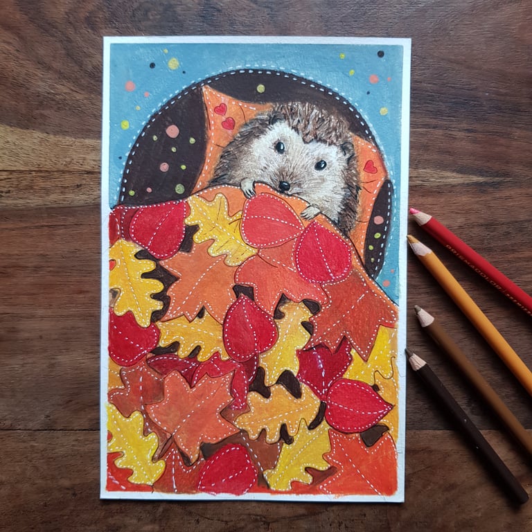 Hedgehog under a quilt of leaves original artwork 