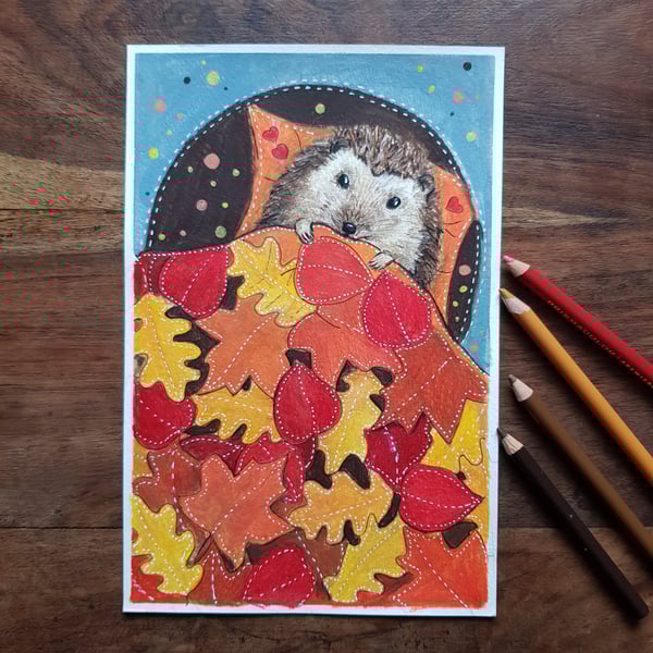 Hedgehog under a quilt of leaves original artwork 