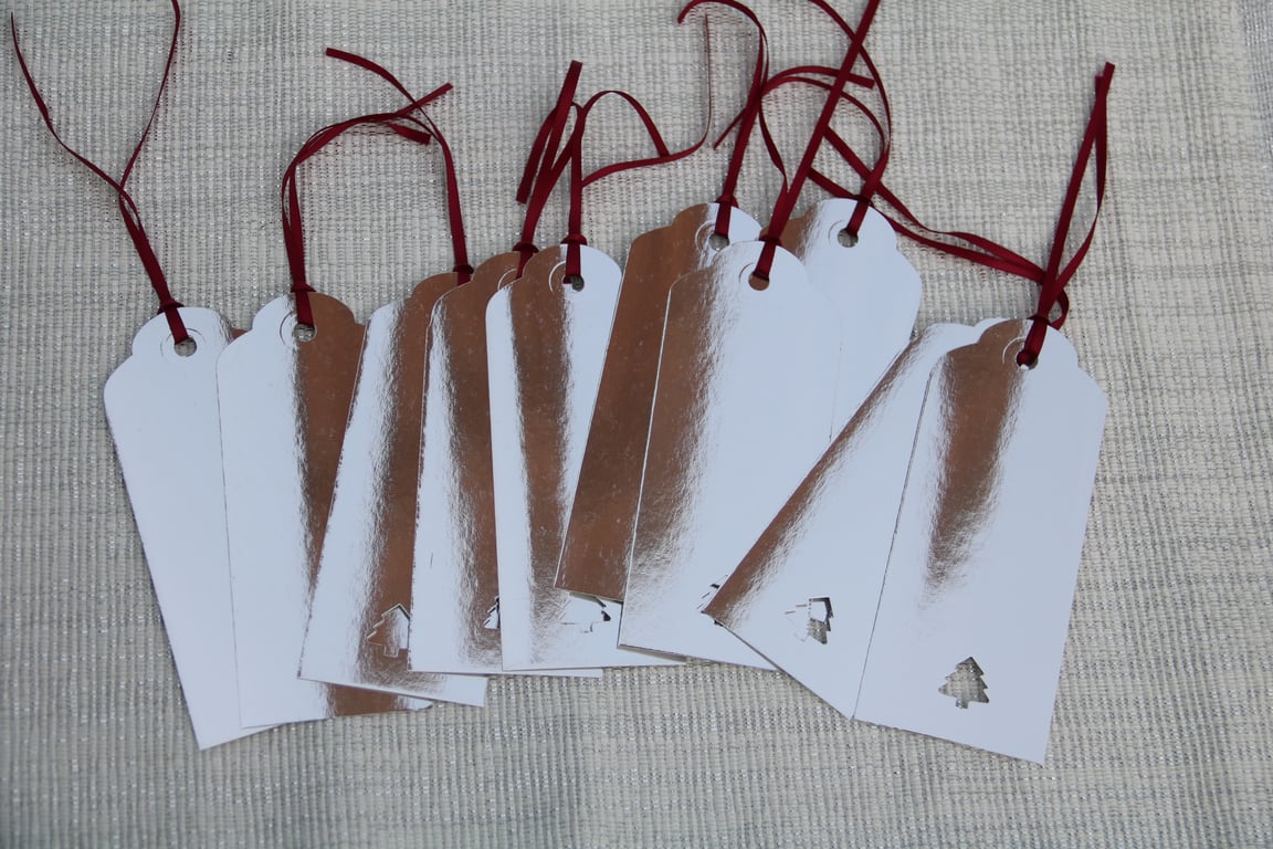 10 Christmas gift tags, silver foiled card with Christmas tree aperture