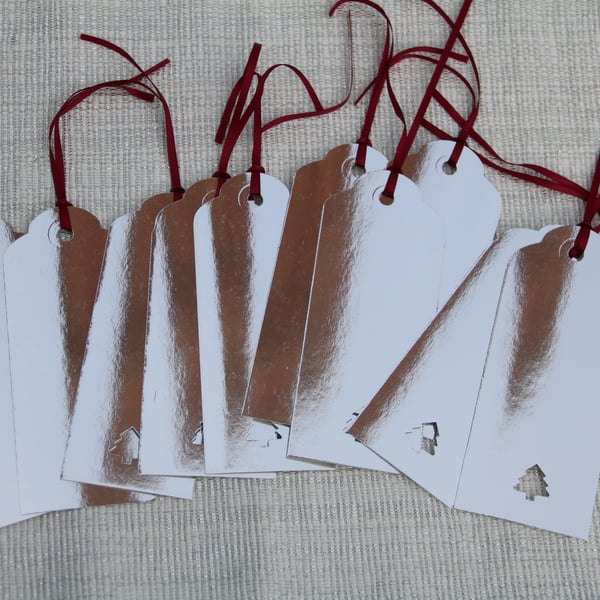 10 Christmas gift tags, silver foiled card with Christmas tree aperture