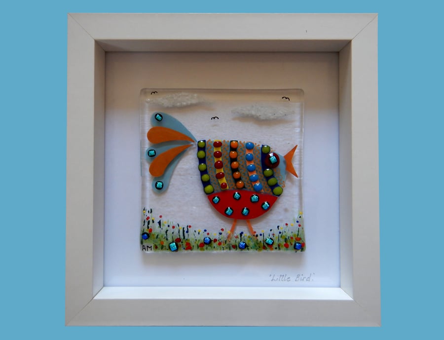 HANDMADE FUSED GLASS  'BUSY BIRD' PICTURE