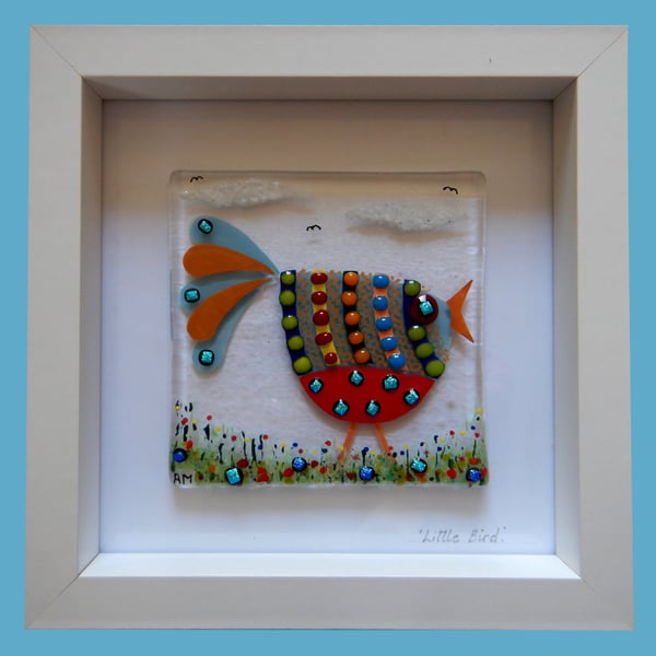 HANDMADE FUSED GLASS  'BUSY BIRD' PICTURE