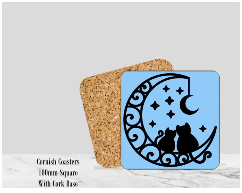 Blue Silhouette Cats Coaster 4" Square With Cork Base. -  Design 2