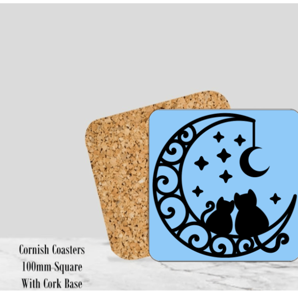 Blue Silhouette Cats Coaster 4" Square With Cork Base. -  Design 2