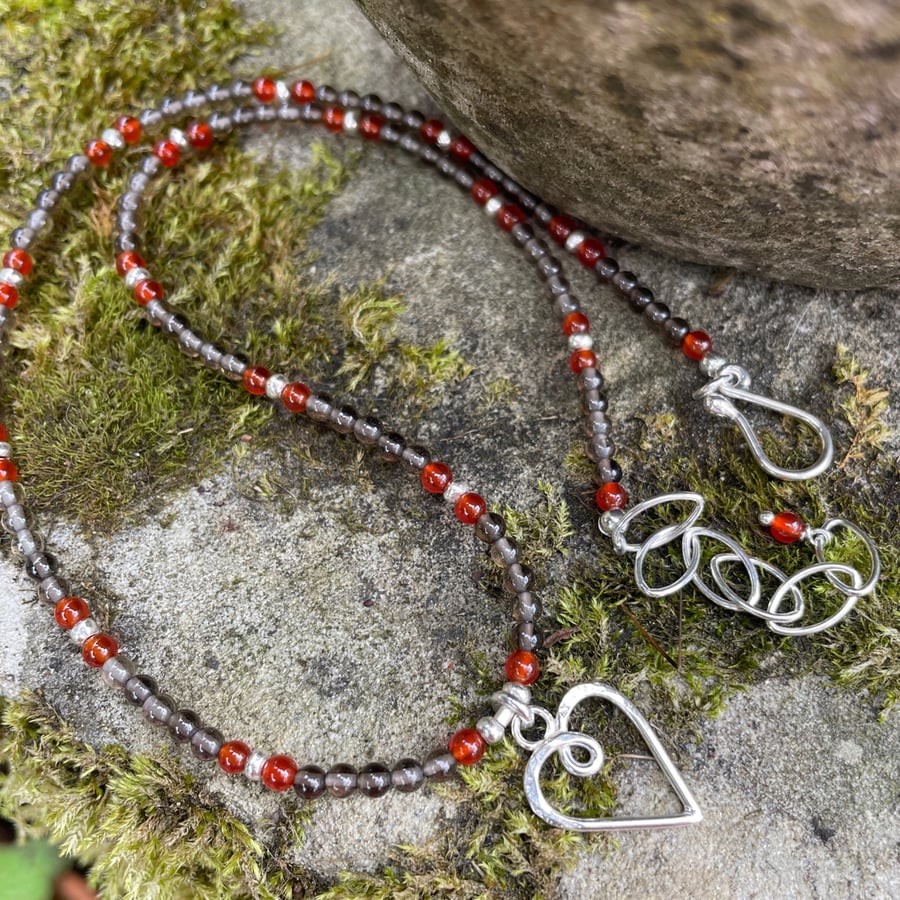 Silver heart necklace with Smokey quartz and carnelian beads