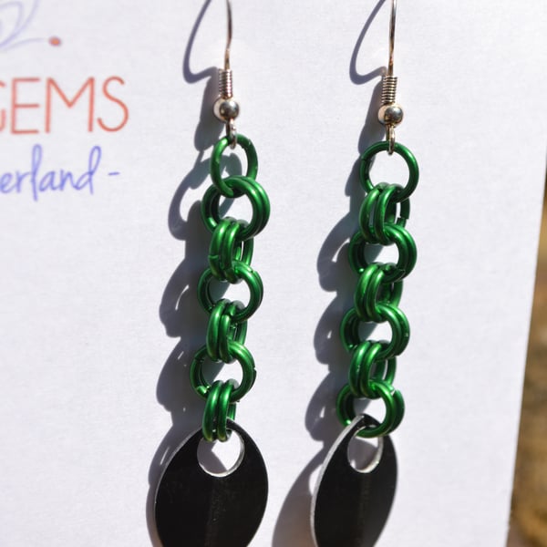 Green and Black Scale Chainmaille Earrings