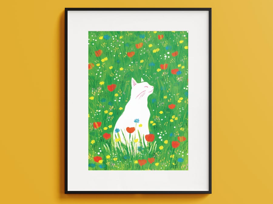 White Cat Art Print: Summer Meadow, Wildflowers A4 Gicl e Print