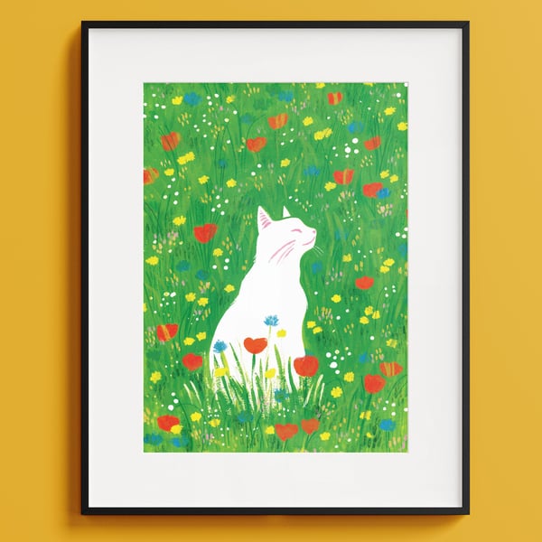 White Cat Art Print: Summer Meadow, Wildflowers A4 Gicl e Print