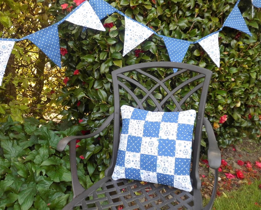 Bunting and cushion matching blue and white 