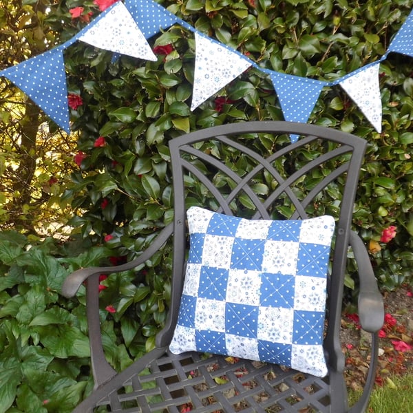 Bunting and cushion matching blue and white 