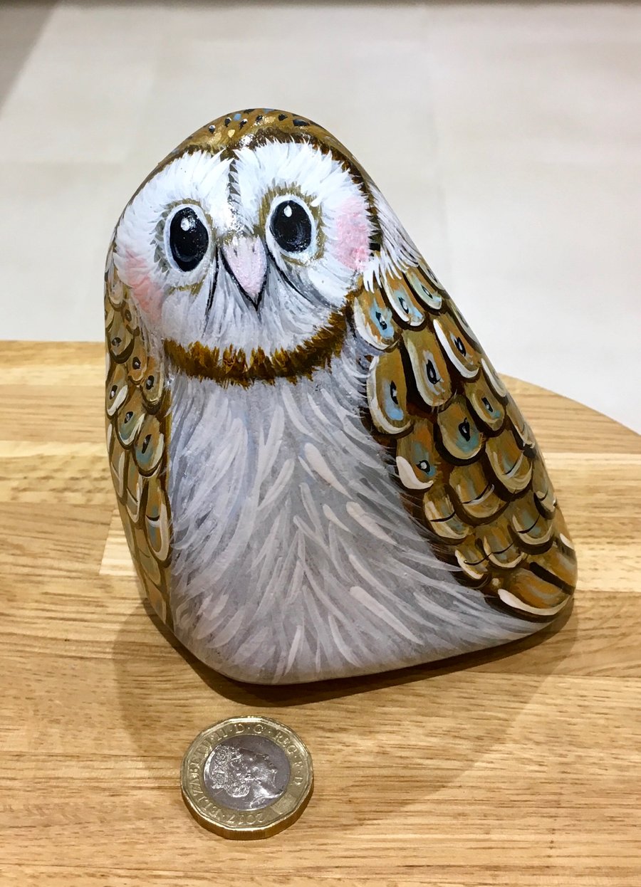 Barn owl painted pebble garden bird rock art stone painting 