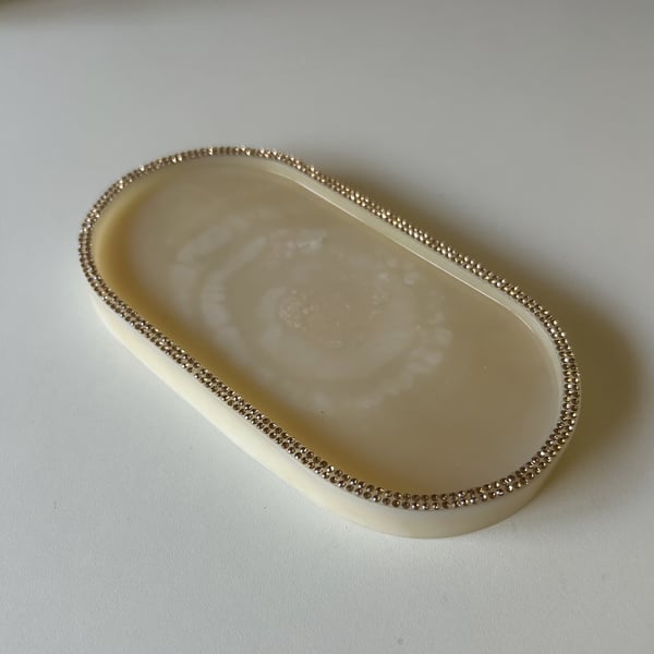 Handmade Resin Oblong Tray in a Subtle Gold and White T1