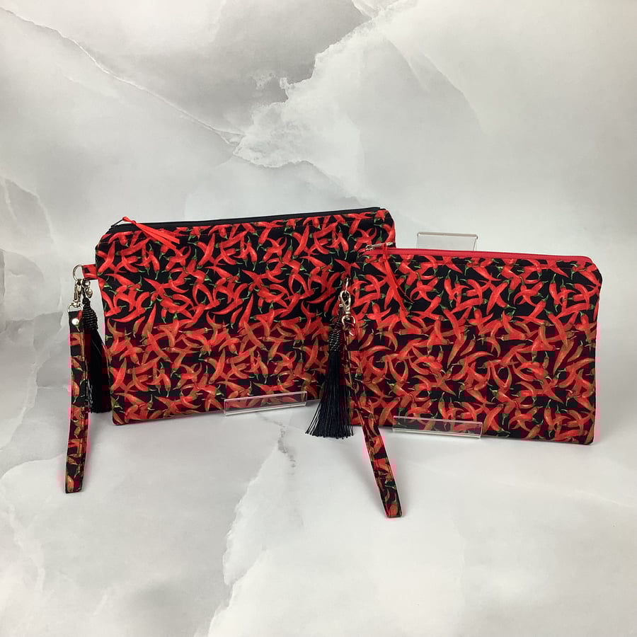 Handmade chilli zip clutch bag with a wrist strap silky tassel and charm 2 optns