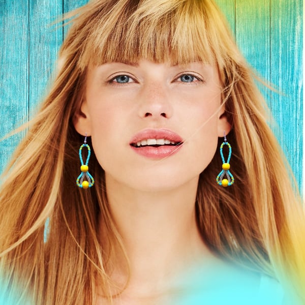 Bright Turquoise and Yellow Beaded Dangle Earrings