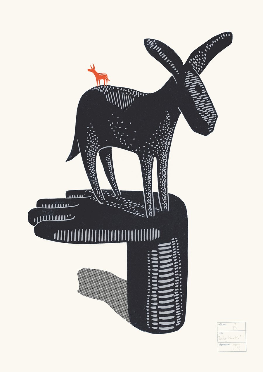 Donkey Monolith No.13 A1 three-colour linocut screen-print (red donkey)