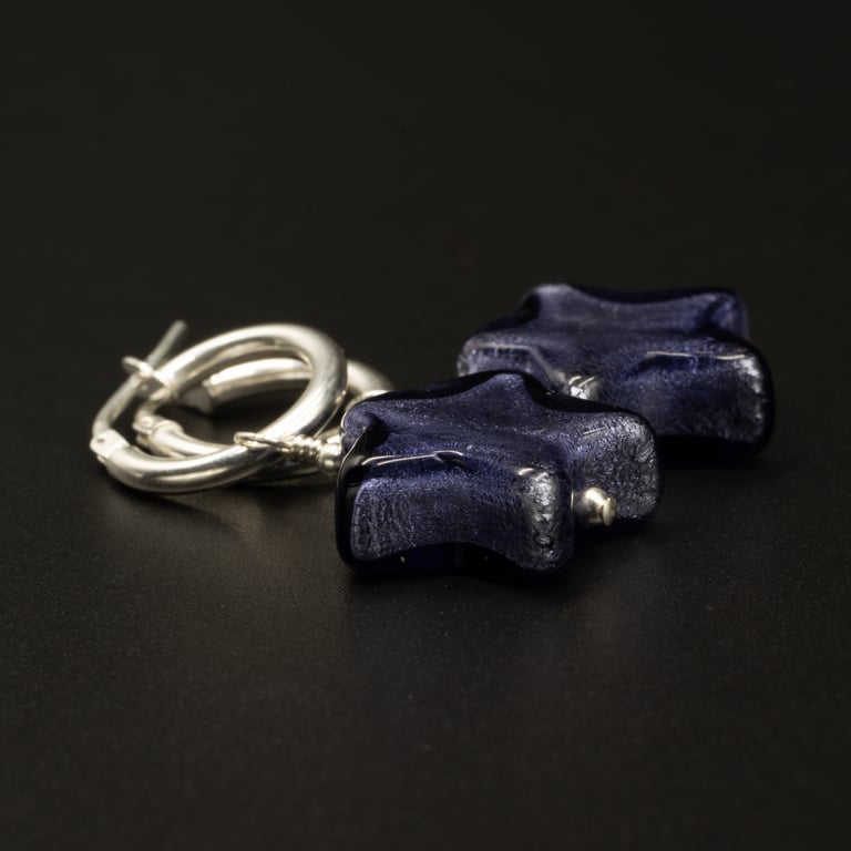 Murano midnight blue star sterling silver Venetian glass handmade earrings 