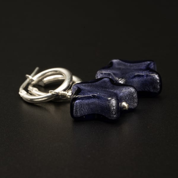 Murano midnight blue star sterling silver Venetian glass handmade earrings 