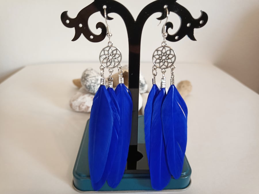 Silver Dreamcatcher Flower and Blue Feather Earring