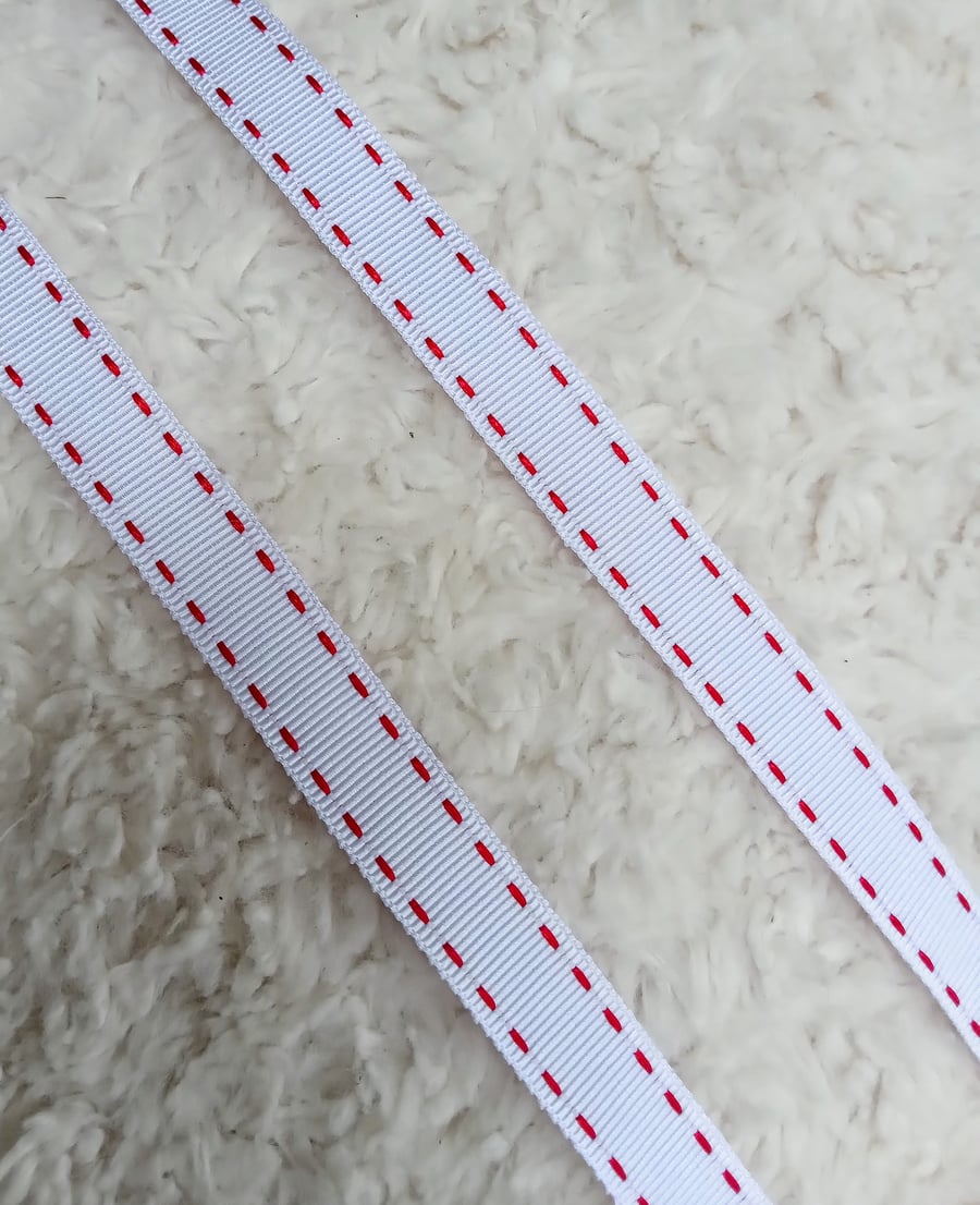 1 metre red stitched white GROSGRAIN ribbon 15mm wide