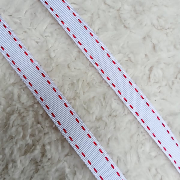 1 metre red stitched white GROSGRAIN ribbon 15mm wide