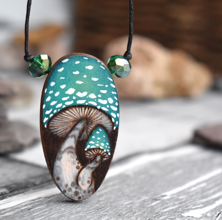 Spooky Green Toadstool pyrography woodland pend... - Folksy