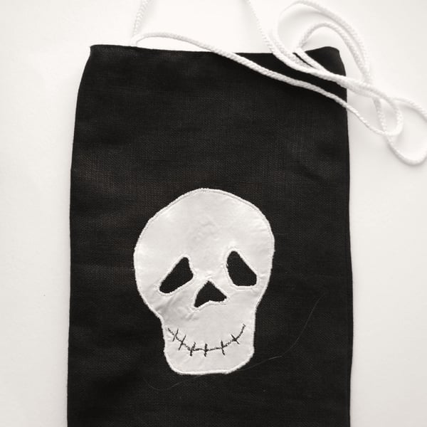 Halloween Goodie Bag, Lined Black Linen, Appliqued White Skull and Cord Handles