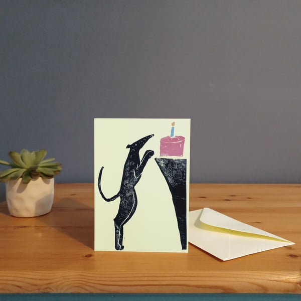 Handmade whippet or greyhound linoprint A6 birthday card, dog art print, UK