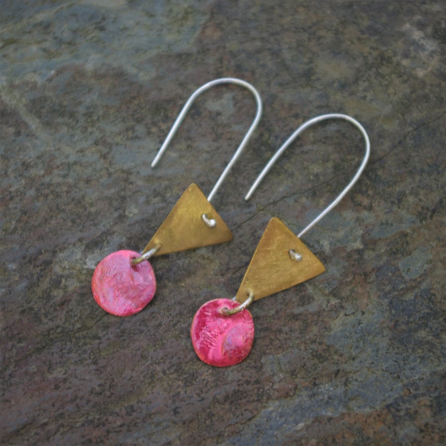 Brass Triangle and Red Circle Dangle Earrings