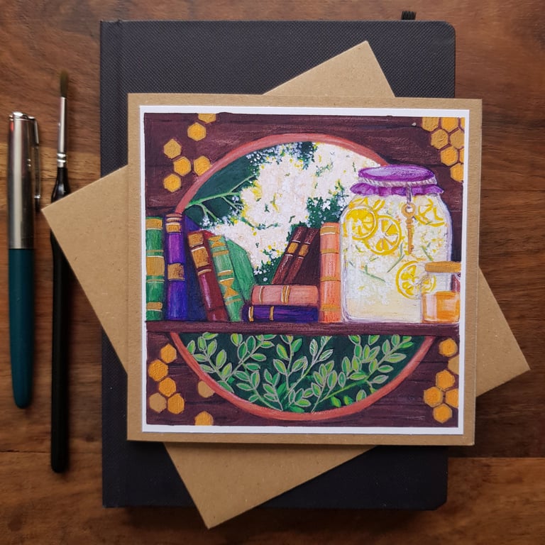 Elderflower cordial and books handmade blank card keepsake from original artwork
