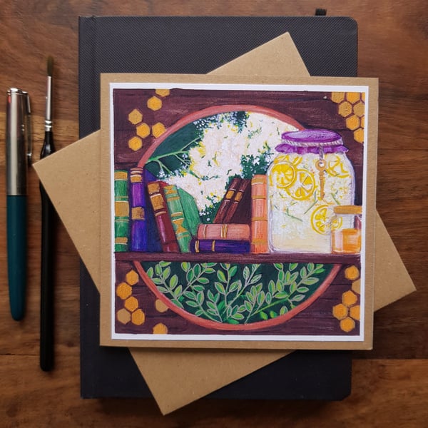 Elderflower cordial and books handmade blank card keepsake from original artwork