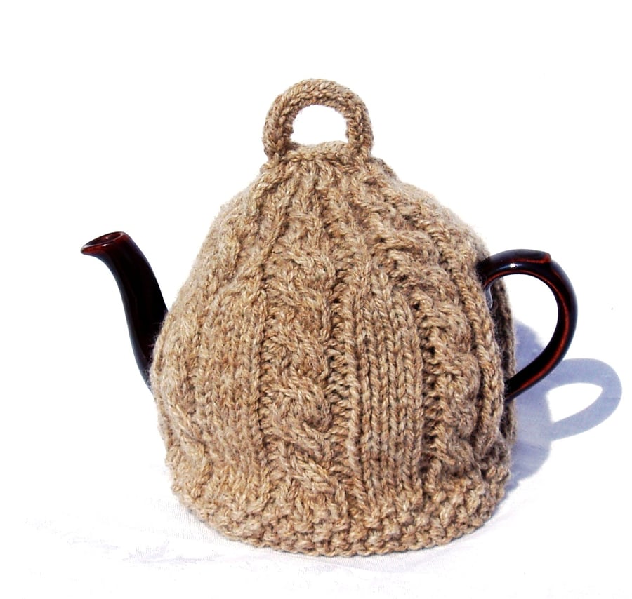 Knitted tea cosy in pale brown pure British wool. Tea cozy, teapot cover