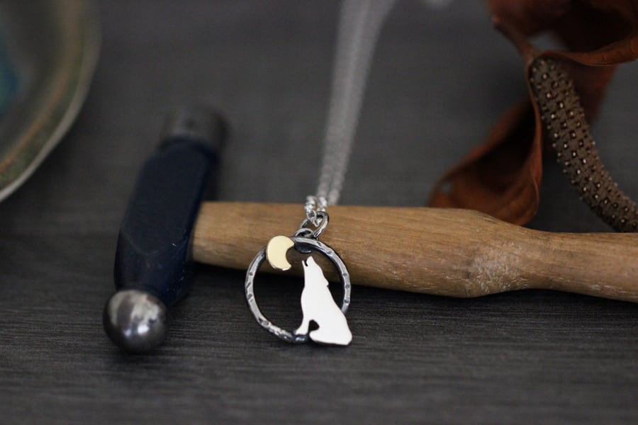 Mini Howling Wolf Necklace -Sterling silver and brass - Made to order