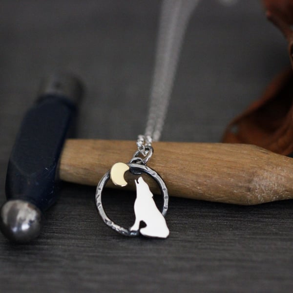 Mini Howling Wolf Necklace -Sterling silver and brass - Made to order