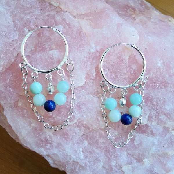 Silver Plate Hoop Earrings With Amazonite And Lapis Lazuli Gemstones