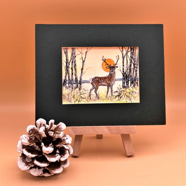 ACEO painting, Original watercolour, Stag in Woodland landscape, sunset, signed 