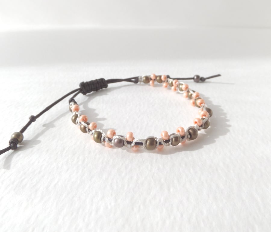 Khaki and Peach Bracelet, Shamballa Adjustable Cotton Cord Bracelet