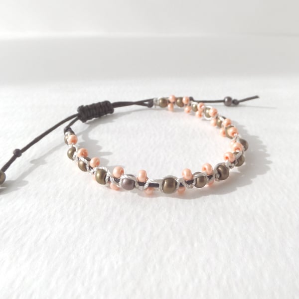 Khaki and Peach Bracelet, Shamballa Adjustable Cotton Cord Bracelet