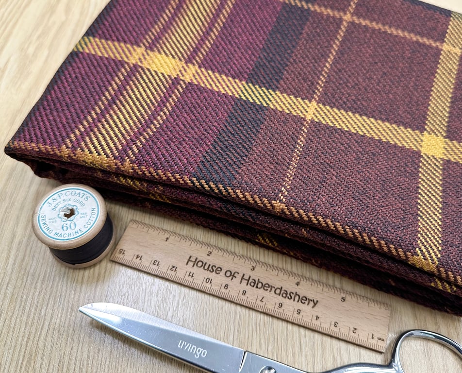 Grampian 'Papillon' Burgundy & Ochre Tartan Check Faux Wool Upholstery Fabric