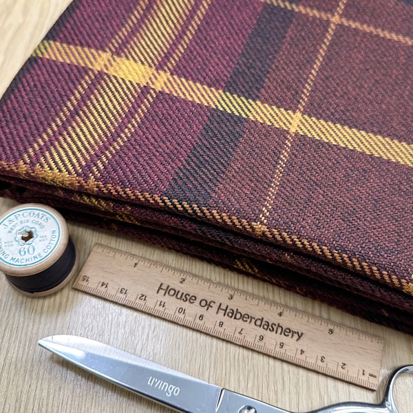 Grampian 'Papillon' Burgundy & Ochre Tartan Check Faux Wool Upholstery Fabric