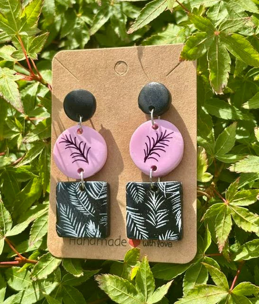 Unique Pink and Black Fern Dangle Earrings