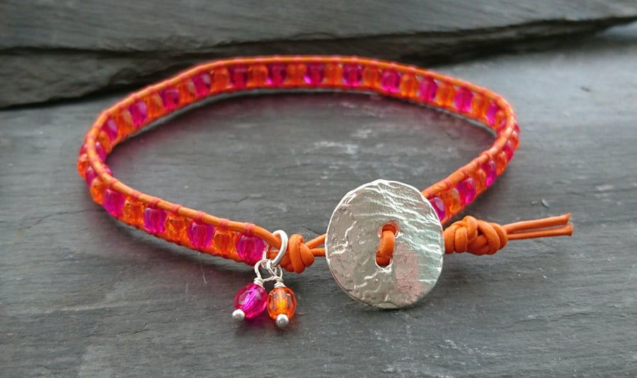 SALE Orange and hot pink leather beaded bracelet with silver button