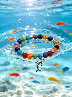 Multi Semi Precious Gemstone Bracelet with Dolphin Charm. Free UK Postage