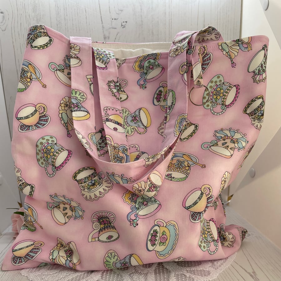 Tea Room - Tea Cup Print Tote Bag by Carolee Crafts PB3 - 0017